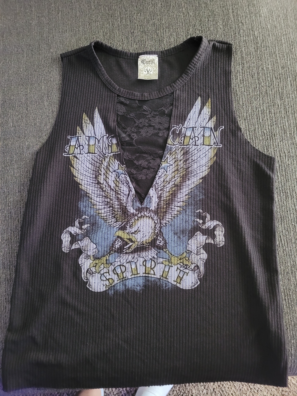 Vocal Black Graphic Lace-Trim Tank Top with Eagle Print